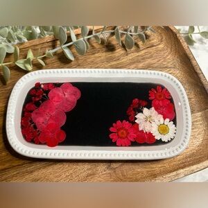 Handmade Floral Trinket Tray with Red and White Accents